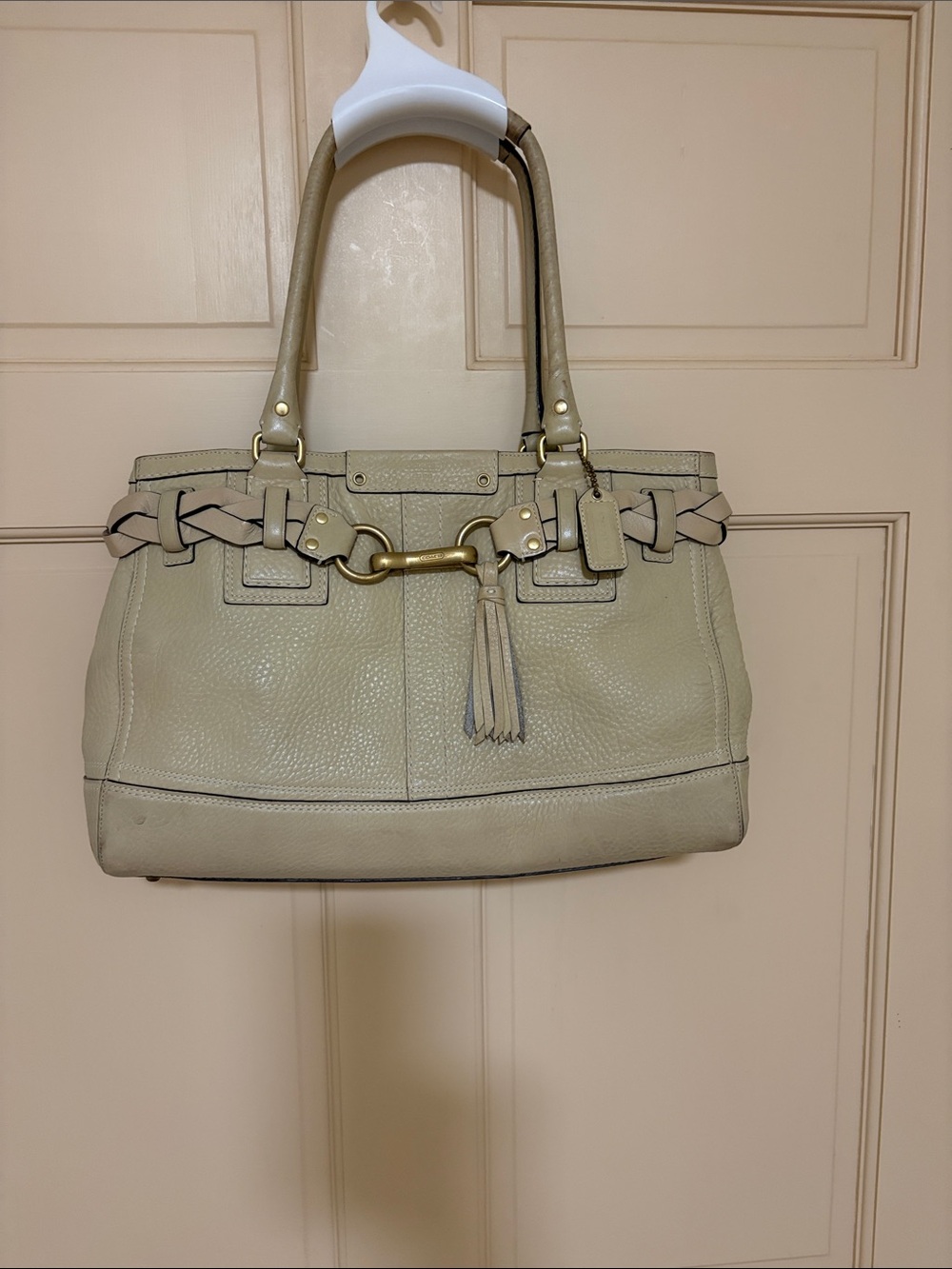 Coach Cream Leather Shoulder Tote with Braided Trim and Tassel